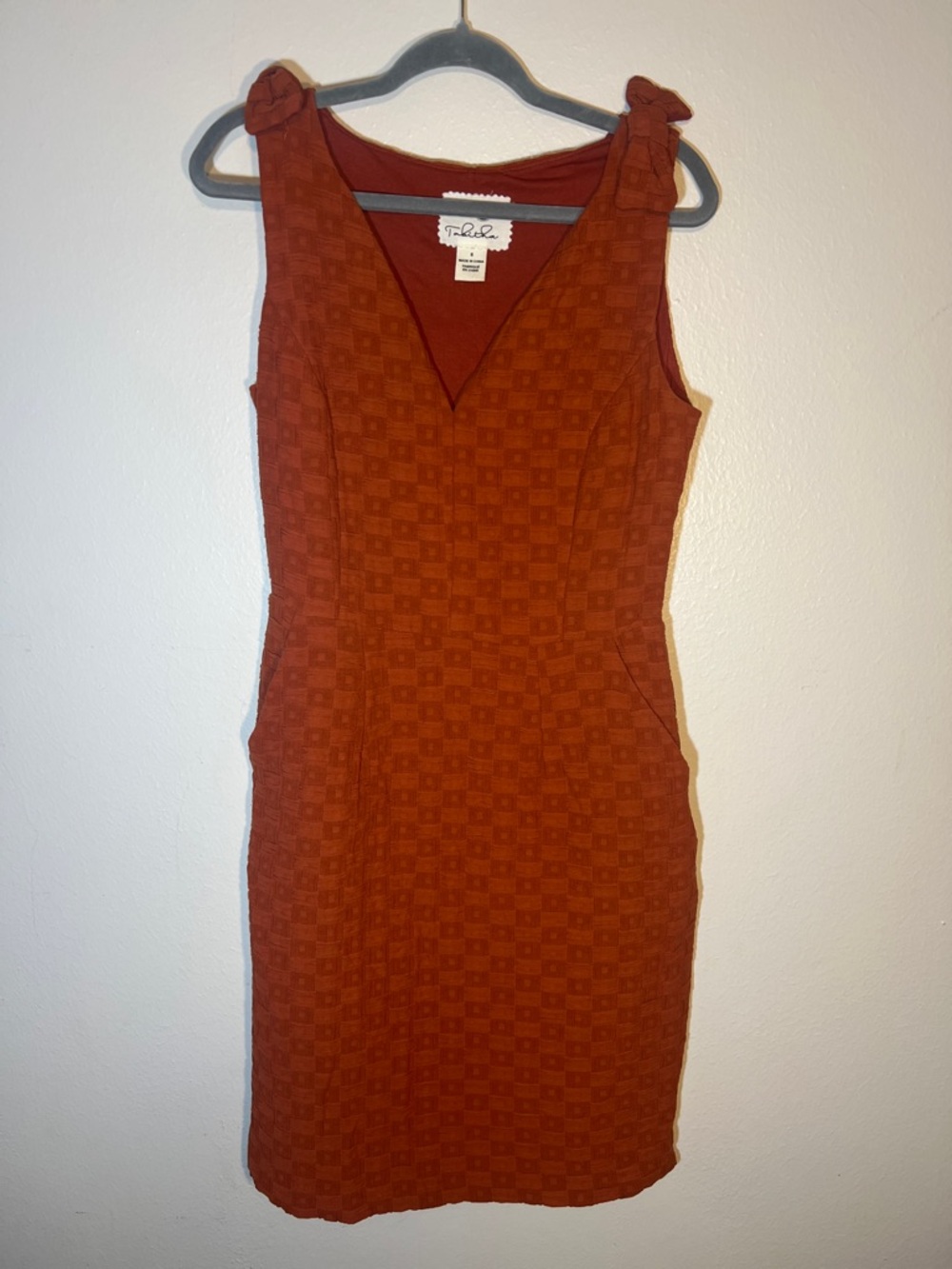 Tabitha Rust Orange Woven Textured Midi Deep V Sheath Dress with Shoulder Bows M